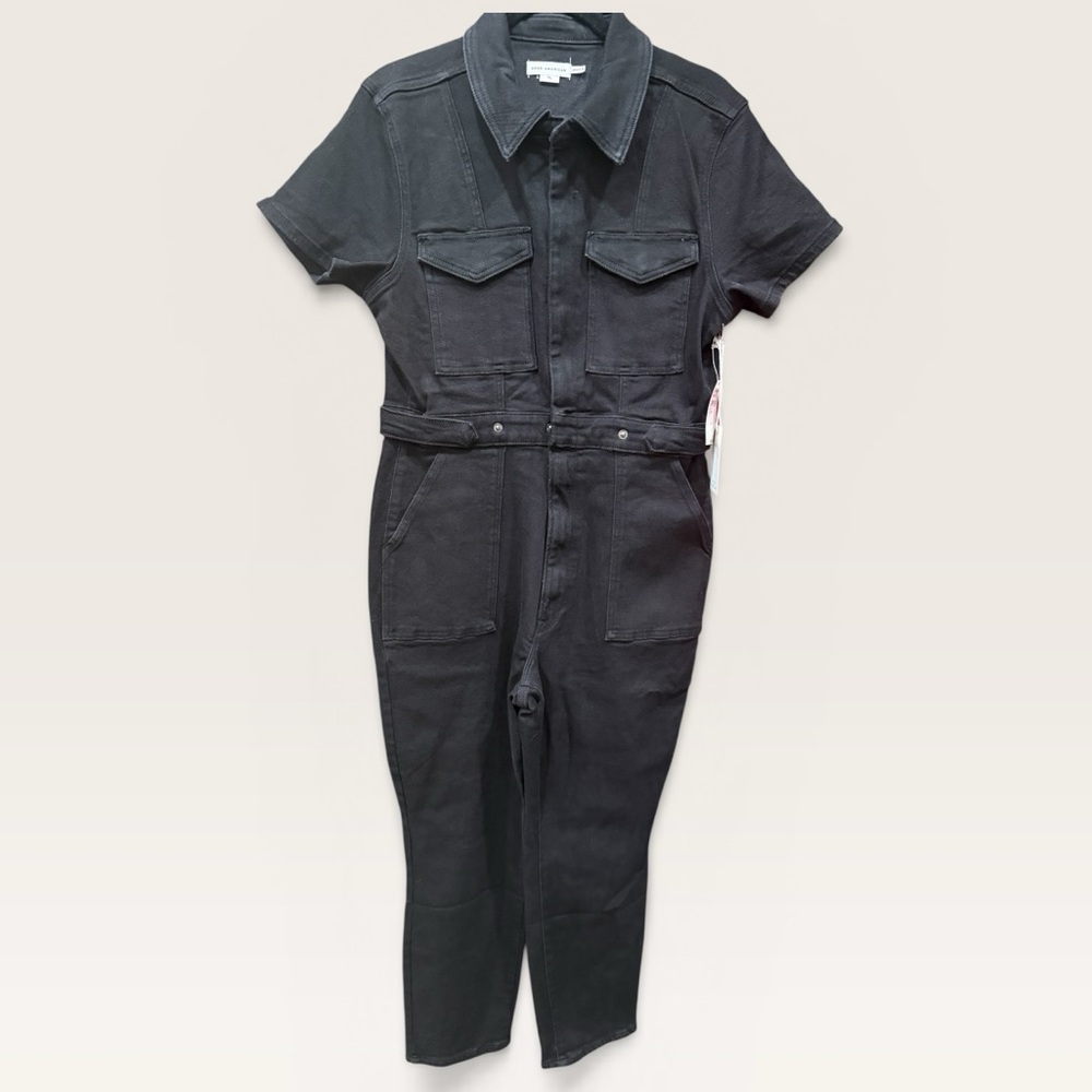 NWT Good American Black Utility Jumpsuit XL Belted Short Sleeve Zip Front - Picture 2 of 4